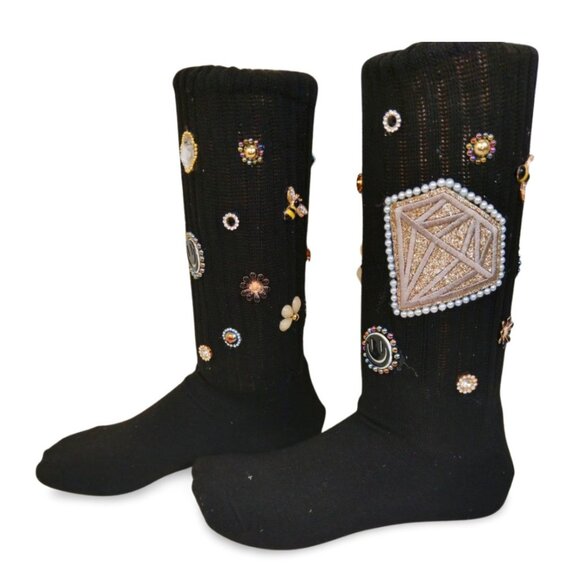 Golden Diamond Embroidered Crystal Charm Black Junk Slouch Socks  TT1516 - Picture 7 of 7